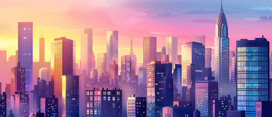 Vibrant sunset paints the sky behind a striking city skyline filled with colorful skyscrapers.