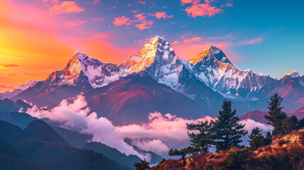 View of Mount Ama Dallam and Lhotse at sunrise  - obrazy, fototapety, plakaty