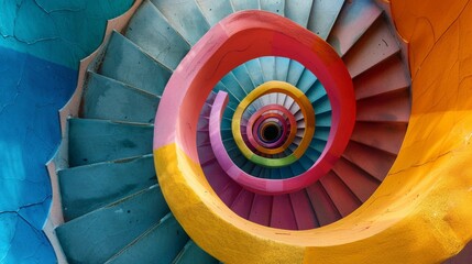 Close-up of a spiral staircase with vibrant colors, creating a psychedelic effect