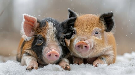 Two Small Pigs Laying on Top of a Pile of Wood
