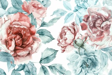 Seamless red and blue roses floral pattern on white background for textile design, wallpaper, wrapping paper