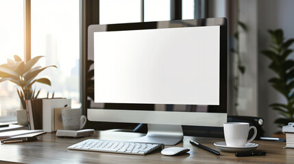 View of office room computer desktop with blank screen