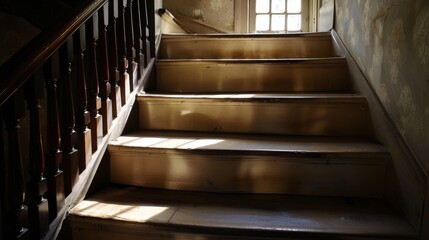 Close-up of a staircase with shadow play, creating dramatic lighting effects