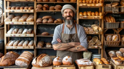 Happy baker displays artisan bread in bakery, showcasing handmade loaves with apron