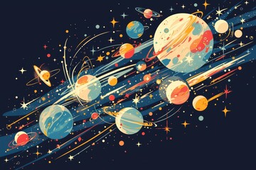 Planets and stars in the universe, with colorful shapes, simple lines, and a flat design style. 