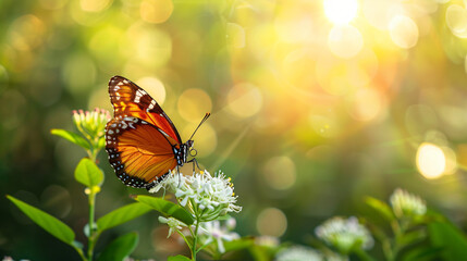 Fototapeta na wymiar View of orange butterfly on white flower