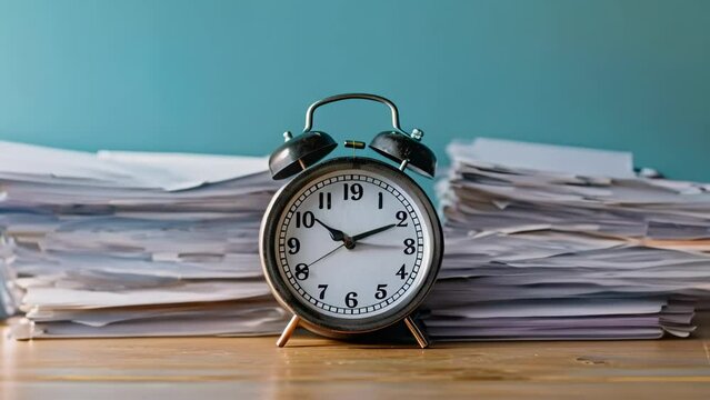 Deadline Looms: Piles of Paperwork and a Race Against Time. Concept Deadline, Piles of Paperwork, Time Crunch, Stress Management, Work Efficiency