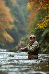Fly fisherman in river with fishing line out catching fish for successful angling experience
