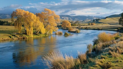 A tranquil river winding its way through a picturesque countryside, its banks lined with willow trees that sway in the breeze.