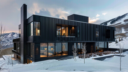 A sleek and contemporary residence with a black facade and minimalist landscaping, set against a backdrop of snow-covered mountains glistening in the sunlight.