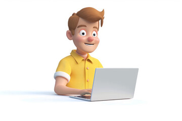 Cartoon young man using laptop in cheerful 3D render