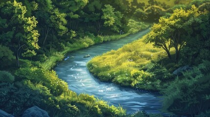 A tranquil river winding through a verdant forest, its gentle flow carving a path through the untouched wilderness.