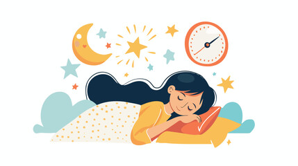 Alarm clock on bed of cute sleeping girl Vector illustration