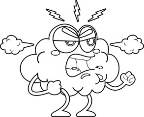 Outlined Angry Brain Cartoon Character Screaming. Vector Hand Drawn Illustration Isolated On Transparent Background