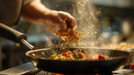 lose-up of the chef's hands expertly seasoning a sizzling pan, infusing the air with aromatic spices as flavors meld together to create a mouthwatering dish that tantalizes the sen