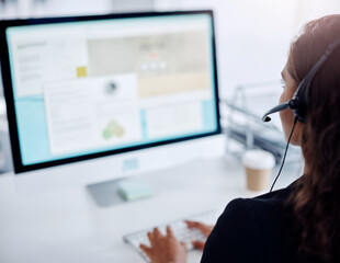 Woman, consultant and call center with headphones for online advice, tech support or customer...