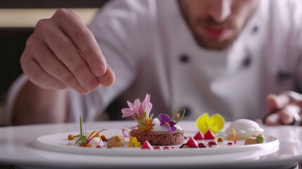 Obraz na płótnie Canvas Close-up of the chef's focused expression as he delicately plates a gourmet dessert, adding edible flowers and artistic garnishes that elevate the presentation to a work of culinar