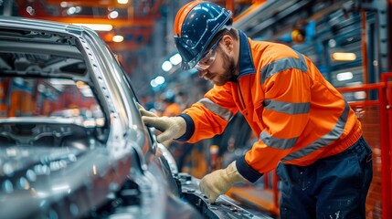 A worker in safety gear inspects a car on an automotive assembly line. Created with Generative AI