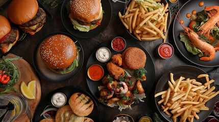 Overhead view of a banquet table filled with a mix of fast food favorites like burgers and fries alongside elegant seafood platters, showcasing a delightful juxtaposition of casual