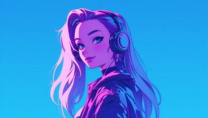 A girl with headphones listening to music, with a purple and pink color scheme