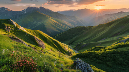 View of the green mountains at sunset. Gumbashi Pass 