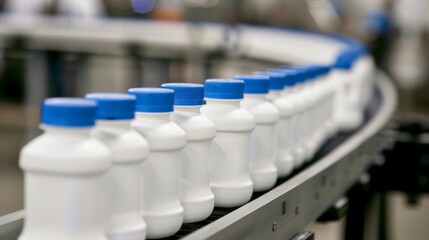 White plastic bottles with blue caps on a conveyor belt in a manufacturing facility. Created with Generative AI