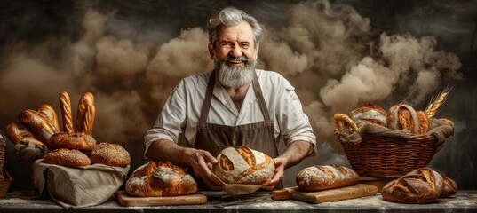 Happy baker presenting freshly baked artisan bread, showcasing homemade loaf with pride