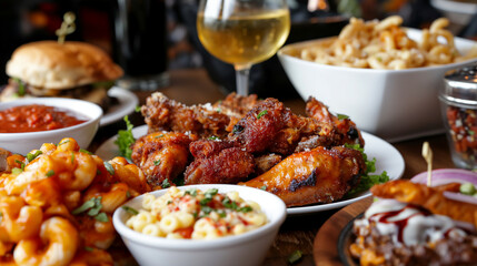 Close-up of a table featuring a blend of classic comfort foods such as macaroni and cheese, crispy chicken wings, and gourmet sliders, offering a comforting and indulgent dining ex