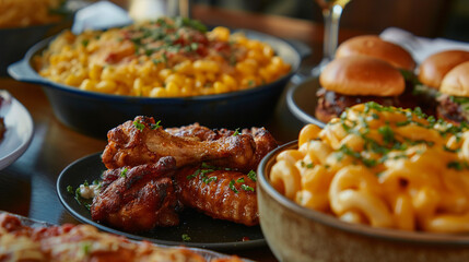 Close-up of a table featuring a blend of classic comfort foods such as macaroni and cheese, crispy chicken wings, and gourmet sliders, offering a comforting and indulgent dining ex - obrazy, fototapety, plakaty