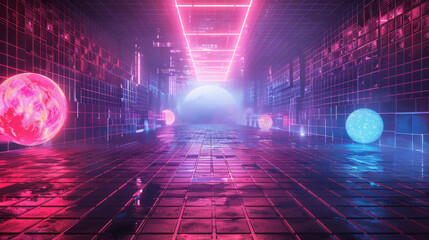 Obraz premium Futuristic city with neon lights and floating planets