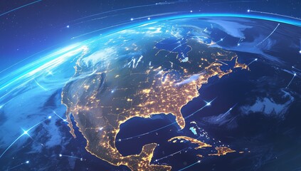 A global map of North America with glowing connections between cities, symbolizing the impact and reach that an online business can have across multiple countries