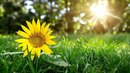 Vibrant Sunflower Field with Bright Sun Rays - obrazy, fototapety, plakaty