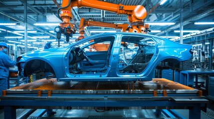 Robotic arms assembling a car in a modern automobile factory with a worker overseeing the process. Created with Generative AI