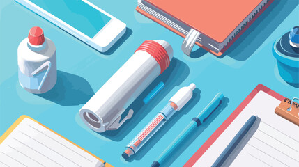 Asthma inhalers pen and notebooks on table closeup Vector - obrazy, fototapety, plakaty