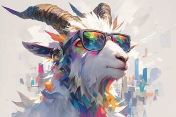 A goat with rainbow colored horns and sunglasses, clipart in the style of intense color saturation