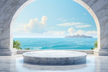 White marble stone empty podium with beautiful ocean view, blue sky, product display