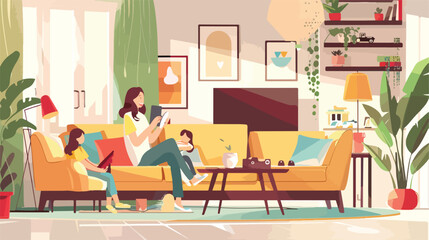 Stay home concept. Woman with kids calling friends 