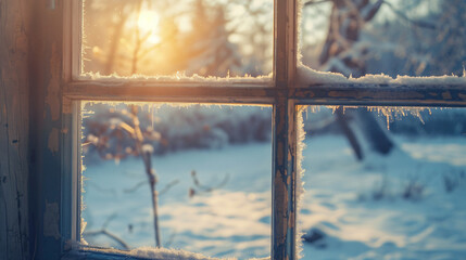 View of the winter landscape through the window. 