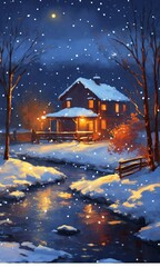 house in the snow at night