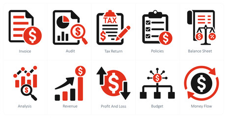 A set of 10 accounting icons as invoice, audit, tax return