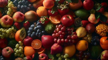 Close-up view of various fruits meticulously arranged in the studio