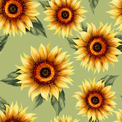 Sunflower floral seamless pattern. Bright colors, painting on a light background.