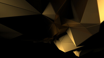 Abstract golden facets highlighted by light on black background. Can be used as a texture or background for design projects, scenes, etc.