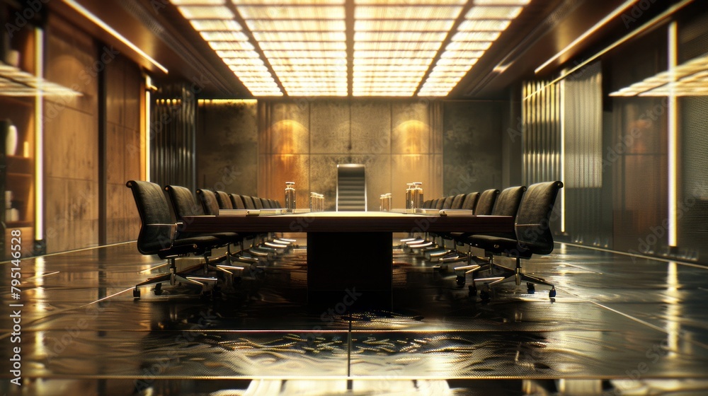Poster a large conference room with a long table and many chairs