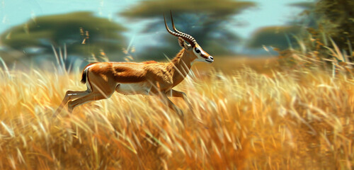 A close-up of a graceful gazelle leaping through the tall grasses of the deer savanna.