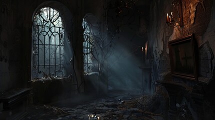 Eerie dark backdrop with haunting shadows and chilling atmosphere