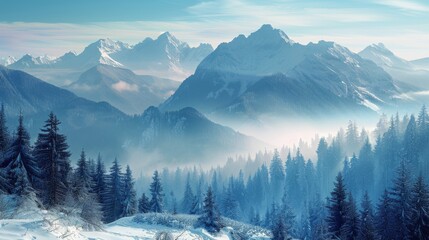 Snowy Mountain Scene With Pine Trees