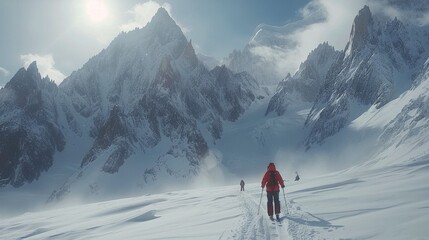 Naklejka premium Man Standing on Snow-Covered Mountain Top
