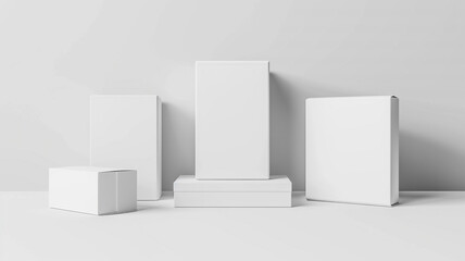 Set of white blank packaging boxes for product presentation isolated on white background