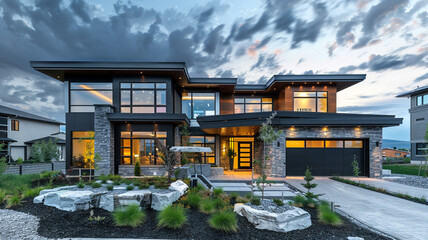 A striking modern house exterior with geometric shapes, angular windows, and a mix of stone and...